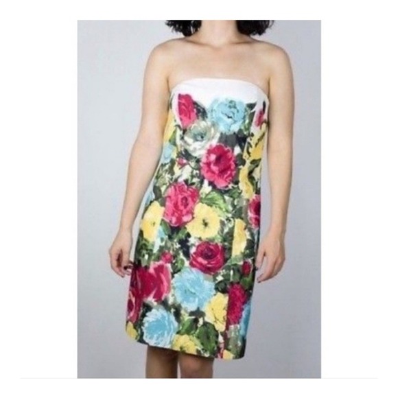Ann Taylor Loft Strapless Dress Size 10 Bright Floral Pattern Cotton Lined - Picture 1 of 6